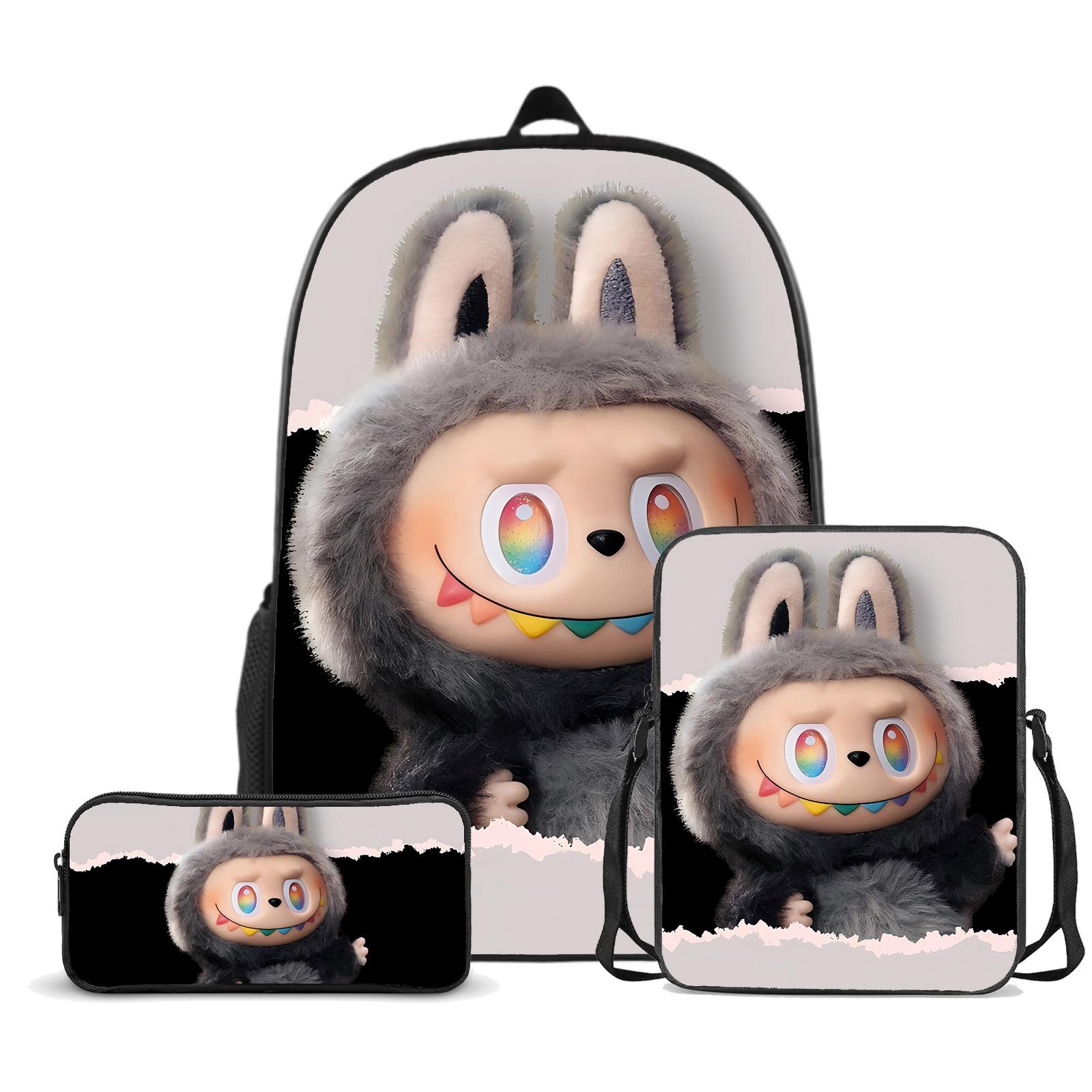 Schultasche Labubu Dreiteilig Großvolumig Grund- und Sekundarschüler Schultasche Herren- und Damen-Cartoon-Rucksack CLE schoolbag + pencil bag + satchel bag gray