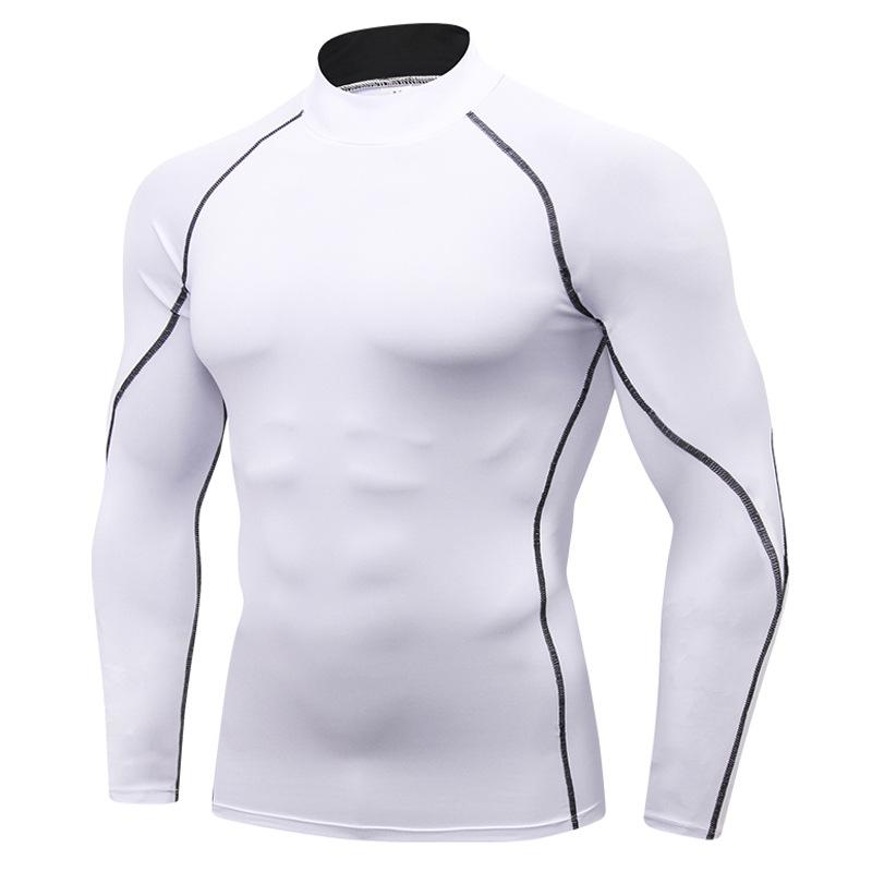 Sport-T-Shirts für Herren, Sportbekleidung, schnell trocknend, Stehkragen, PRO-Shirt, Kompression, Laufen, Langarm, Bodybuilding-Oberteile L weiß