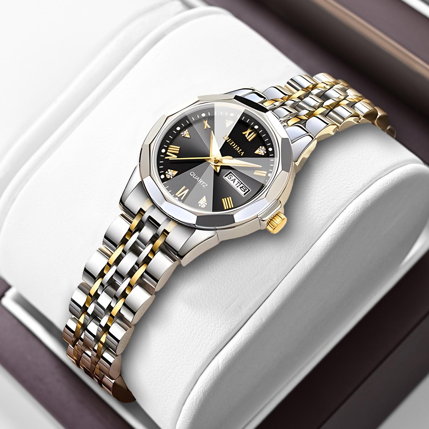 Luxus Damen Armbanduhr Wasserdicht Leuchtend Datum Woche Frauen Quarzuhr Edelstahl Damen Uhren schwarz