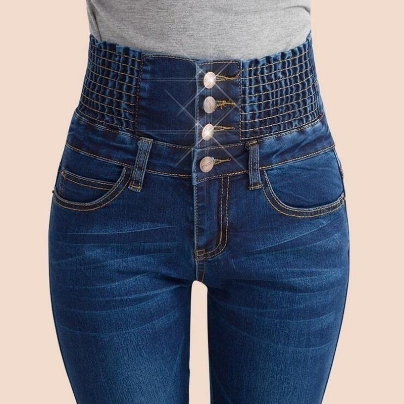 Hohe Taille elastische dünne Bleistiftjeans Frauen lange Hosen 31 dunkelblaue