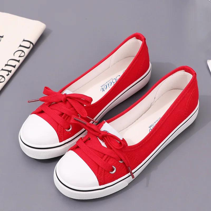 Damen Canvas Kleine weiße Flache Sommerschuhe Sport Casual Damen Weiche Schuhe Sneakers Zapatos De Mujer Plateau Sneakers 40 rot