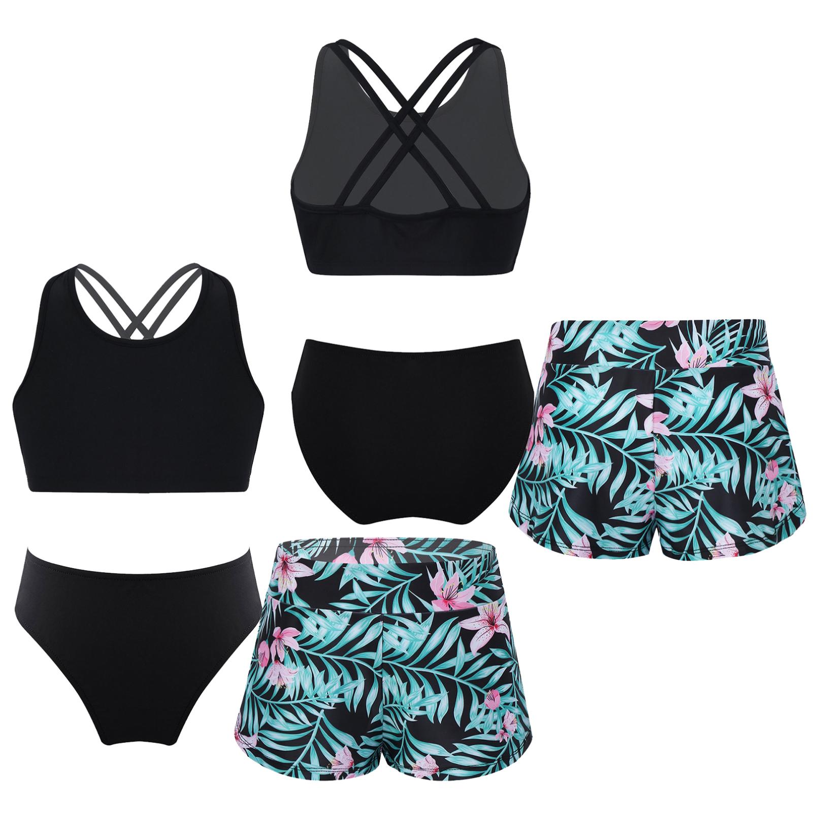 Mädchen-Bikini-Tankini-Set, Tank-Top + Shorts, Bikinihose, 3-teiliger Badeanzug, Bademode, Kinder-Badeanzug, Sport-Set, Größe 6–16 Jahre 9-10 Years grün/schwarz