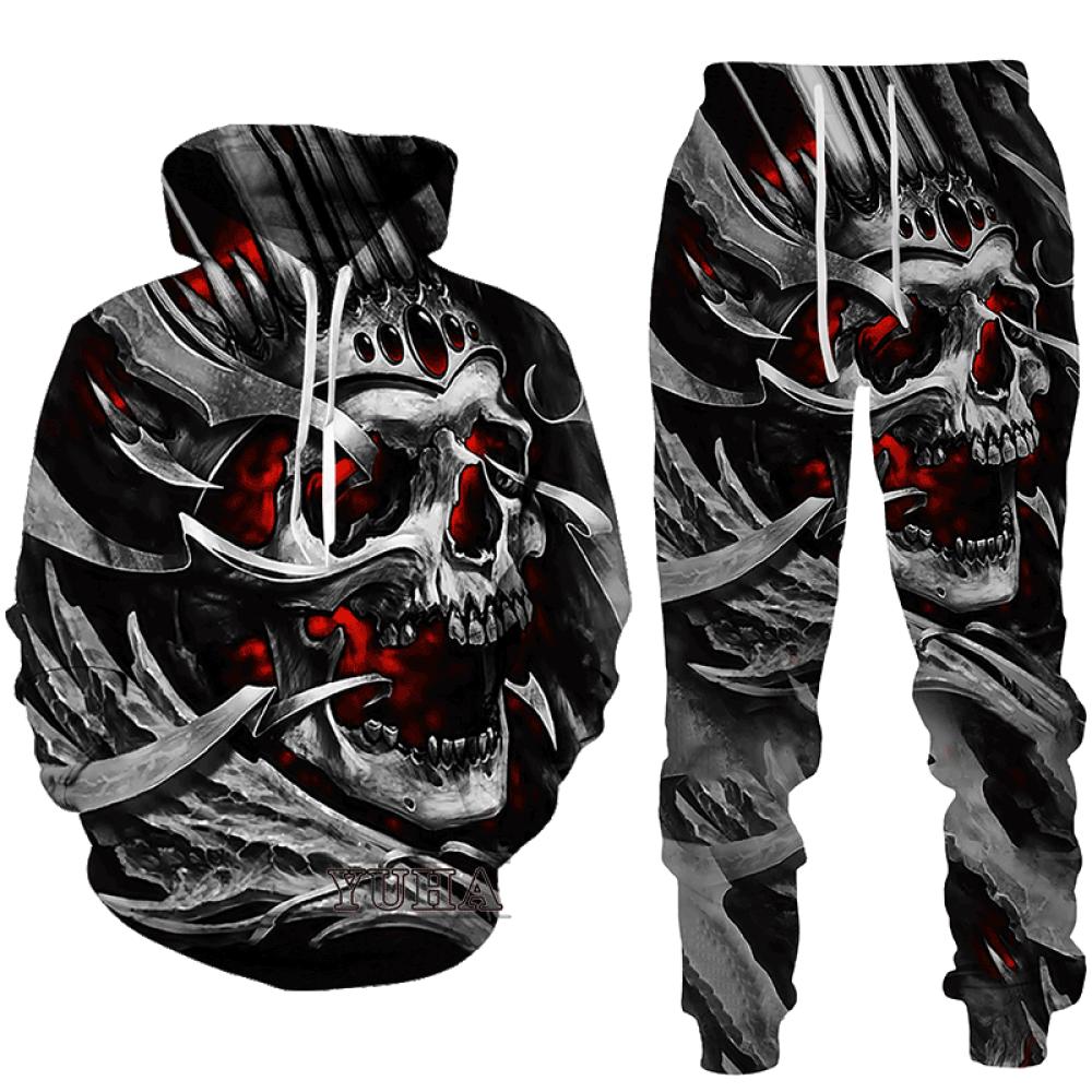 Punk 3D Schädel Gedruckt Hoodies Hosen Anzüge Coole Herren Damen Mode Frühling Herbst Casual Pullover Sweatshirts Sets Street Style XXL gray