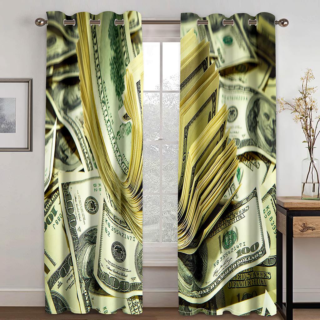 Geld Goldmünze US-Dollar 100$ Fenstervorhänge Vorhänge Jalousien für Kinderzimmer Wohnzimmer Küche Tür Heimdeko 2 Stück 100W130H(CM)40x51in&Grommet Top
