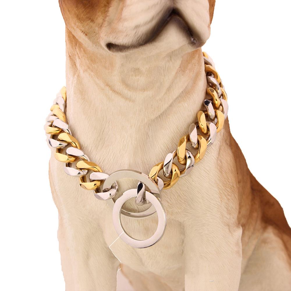 15 mm Hundehalsband aus Edelstahl mit Goldkette, luxuriöse kubanische Gliederkette, langlebige Trainings-P-Kette für große Hunde, Dobermann, Pitbull, Rottweiler 26inch (66cm) -15MM