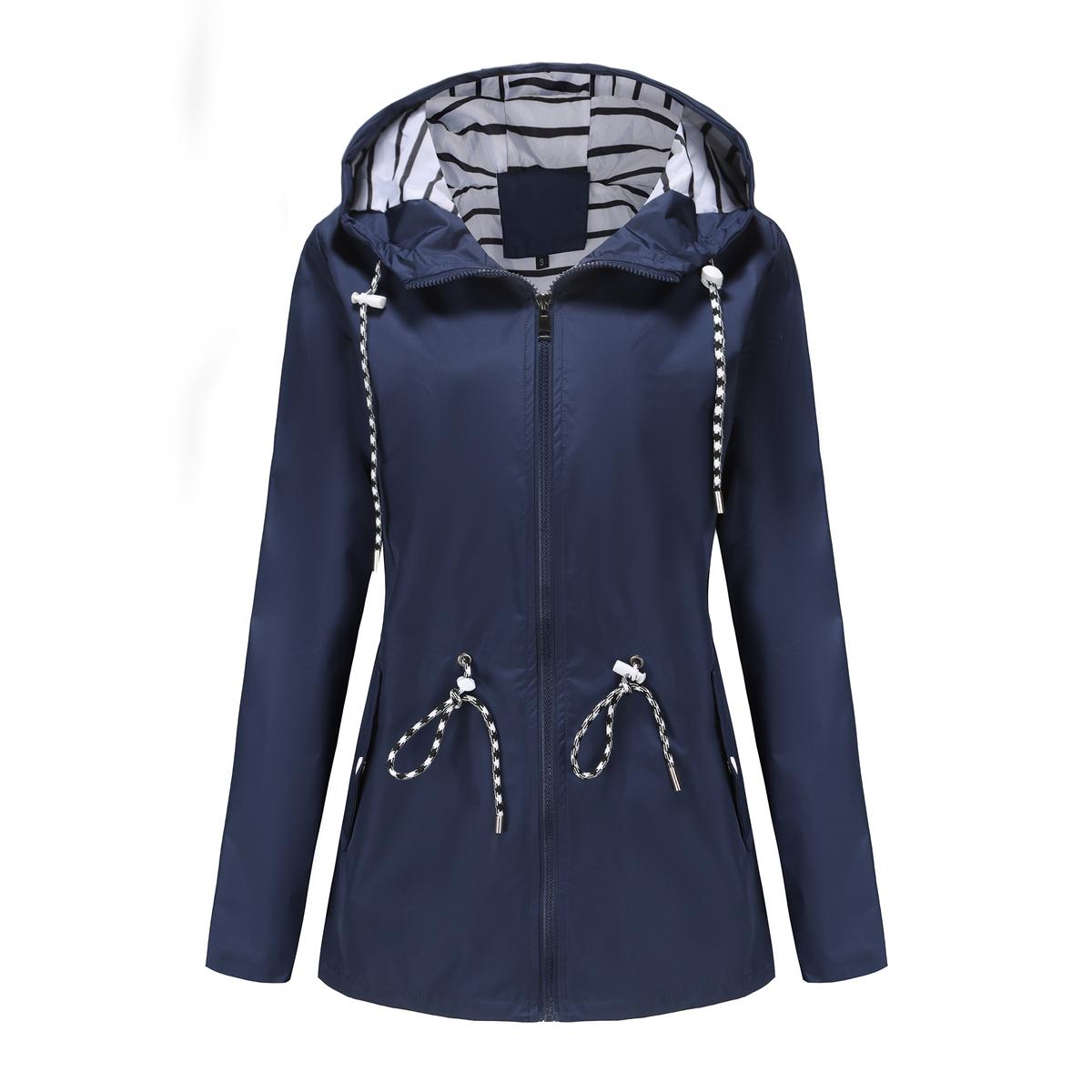Damen-Windjacke mit Kapuze, Streifen-Kordelzug, wasserabweisende Windjacke, lange Ärmel, übergroßer, lockerer Regenmantel, mittellanger Reißverschluss, winddichte Jacken 2XL dunkelblaue