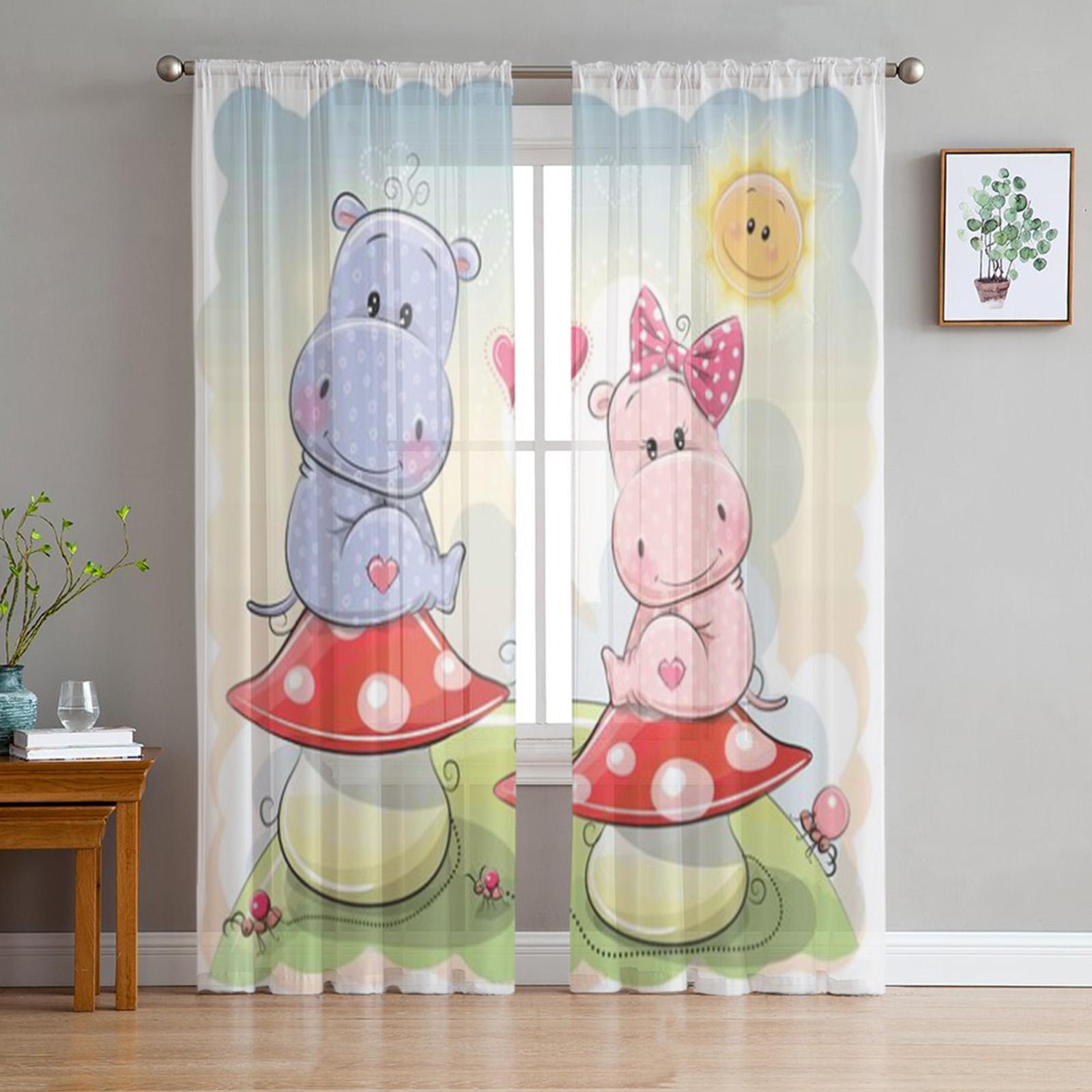 Cartoon Tier Nilpferd Pilz Gardinen Für Wohnzimmer Kind Schlafzimmer Tüll Vorhänge Küche Fenster Behandlungen Panel Vorhänge 135W x 244H(cm)x2