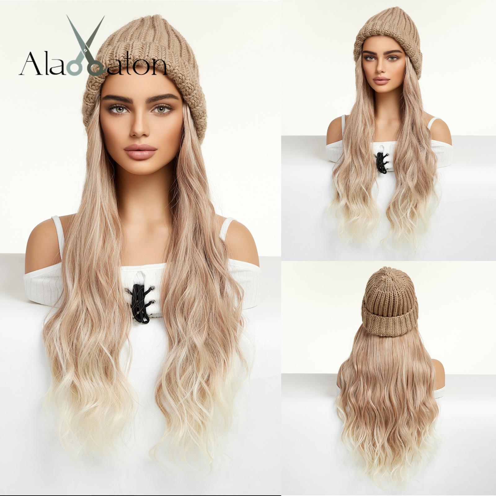 ALAN EATON Hut Perücken Mütze mit Haar gerade natürliche schwarze Farbe Connect Winter Strickmütze Kunsthaar Frauen täglich Party hohe Temperatur
