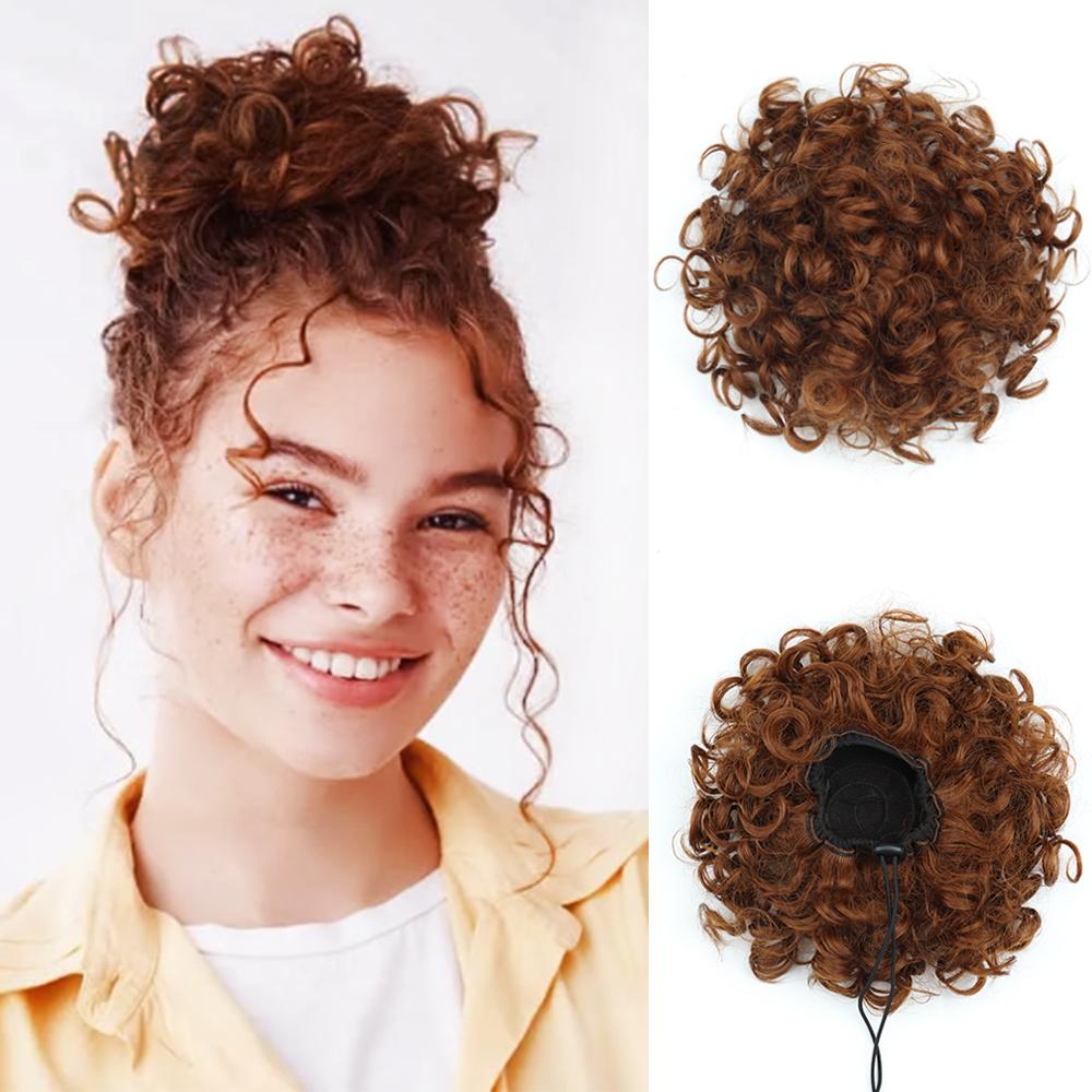Miss Wig synthetischer, unordentlicher Dutt, 60 g, elastischer Kordelzug, lockere, lockige Haarknoten, Haarteil-Extensions für Frauen, Schwarz 25cm