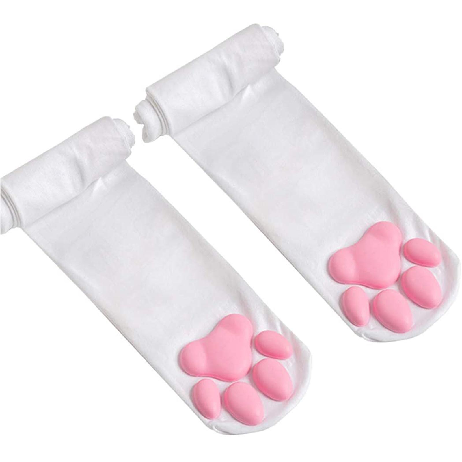 BEA Oberschenkelhohe Socken Rosa Oberschenkelhohe Socken Niedliche Katzenpfoten-Pad-Socken weiß