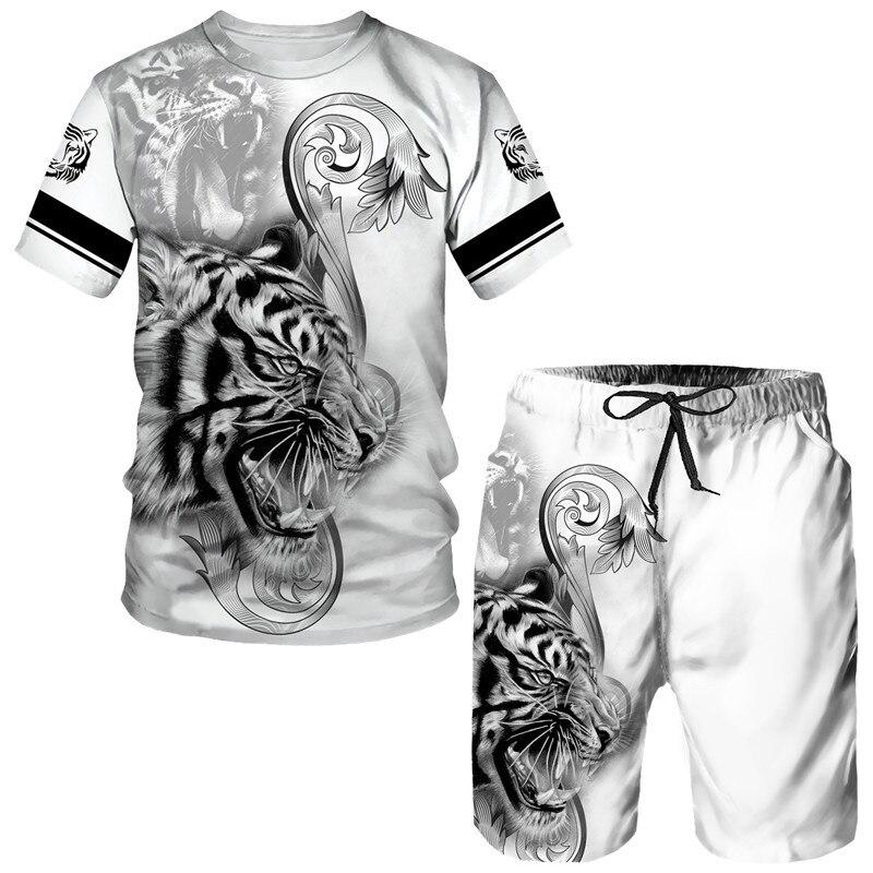 Sommer Tiger King Herren T-Shirt/Shorts/Anzug Cooles Tier 3D-gedrucktes Kurzarm-Paar-Outfit Sportbekleidung Trainingsanzug Zweiteiliges Set XL