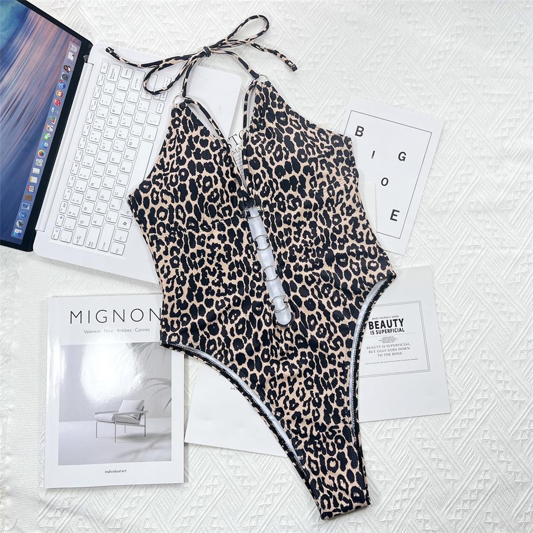 Leoparden-Metallringe, Neckholder, ausgeschnitten, Monokini, Damen-Bademode, einteiliger Badeanzug, weiblich, hoher Beinausschnitt, Badeanzug, Schwimmen M Leo-Print