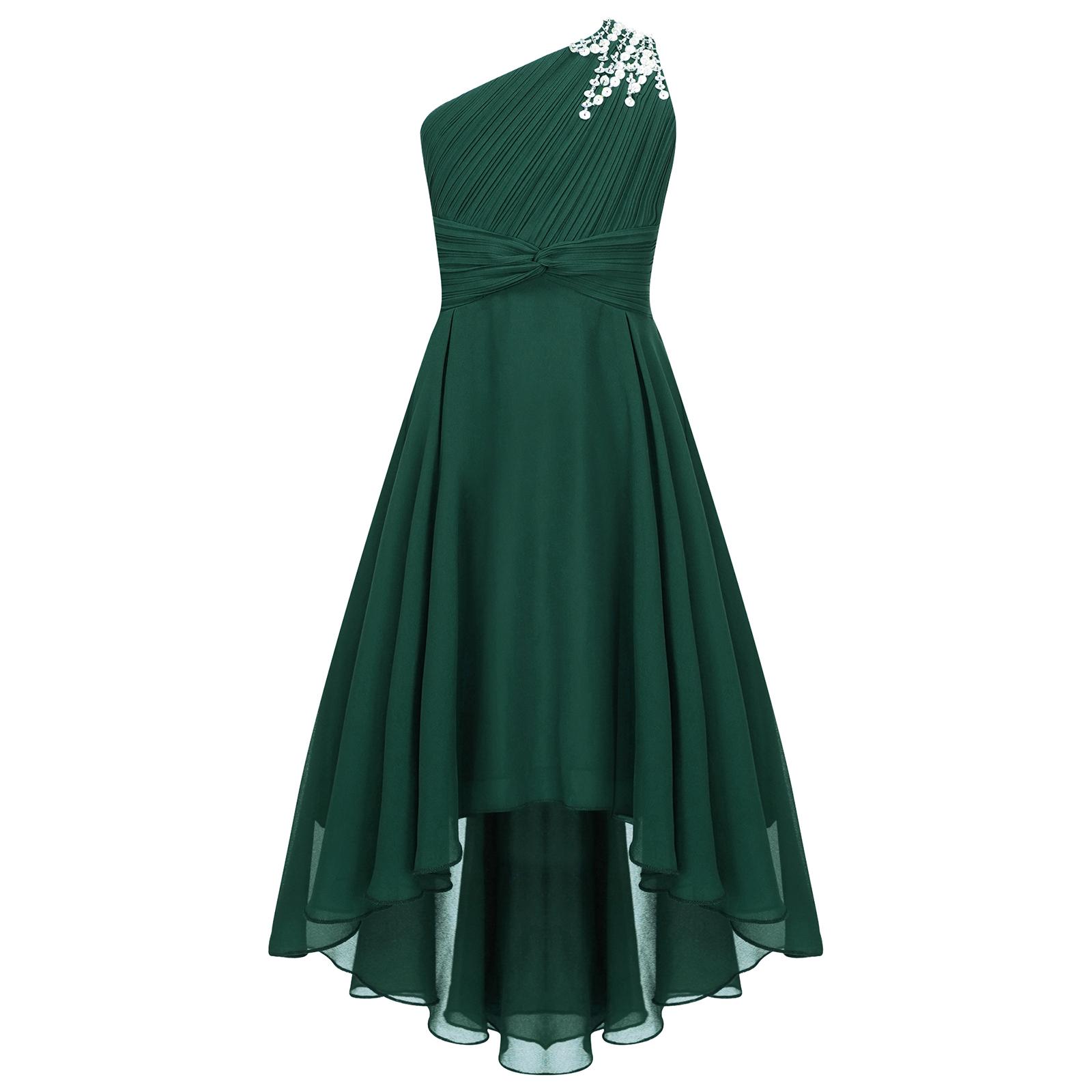 Mädchen Elegantes Ein Schulter Hochzeitskleid Gerafft Glänzend Perlenbesetzt Ärmellos Hohe Taille High Low Saum Partykleid 15-16 Years armee grüne