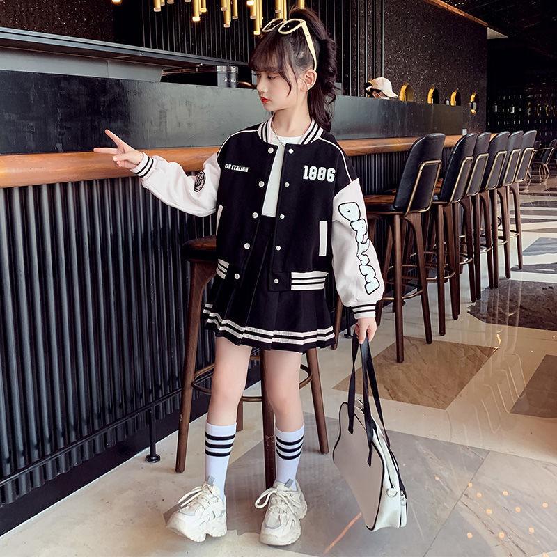 Teenager Mädchen Herbst Anzug Baseball Uniform Frühling Mode Brief Drucken Patchwork Jacke Mantel + Falten Rock 2 stücke JK Outfits 4-14 Jahre 170