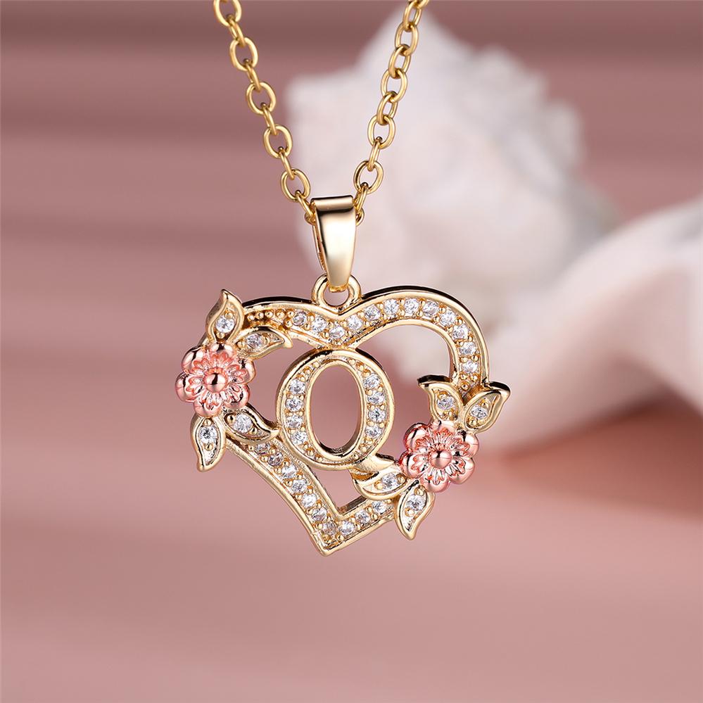 Halskette mit Herz-Anhänger, Anfangsbuchstabe AZ für Frauen, eleganter Zirkonia, Roségold, Blumen-Alphabet-Herz-Anhänger, Kette, Halsband, Schmuck, Geschenk Q gold/rose gold