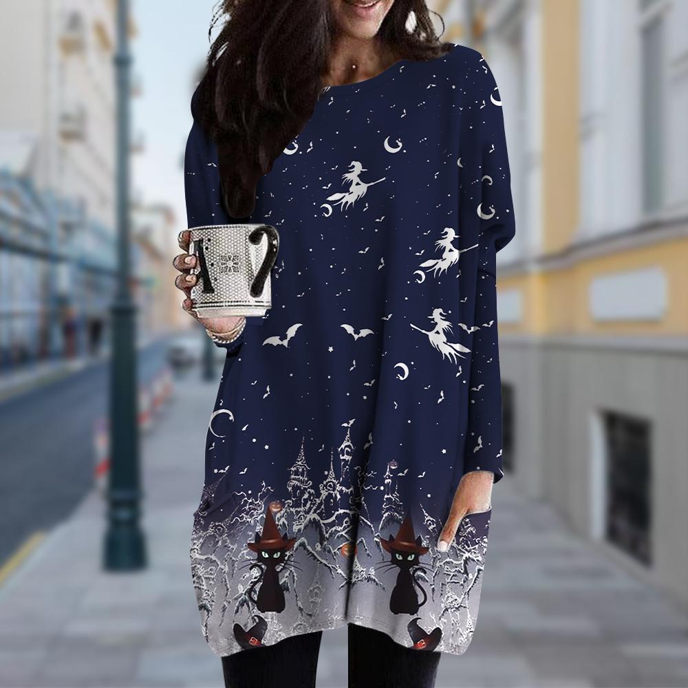 Damen Kleid mit Rundhalsausschnitt und Katzen-Print, Übergröße, Frühling/Herbst, Kleider mit Taschen S navy blau