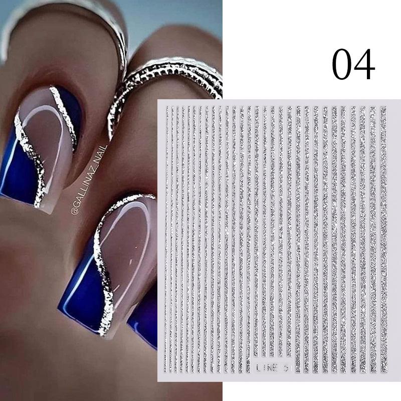 3D-Linien-Nagelaufkleber, holografisch, silberfarben, Roségold, Metallstreifen, Buchstaben, Abziehbilder, Kurve, Gelnägel, Kunstschieber, Maniküre-Dekor