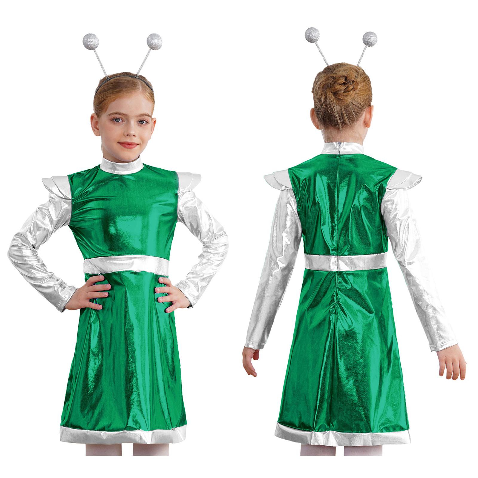 Alien Cosplay Kostüm für kleine Mädchen, Weltraum-Süßes Kostüm, metallisches Kleid mit Haarreif, Astronauten-Halloween-Party-Outfit 15-16 Years grün
