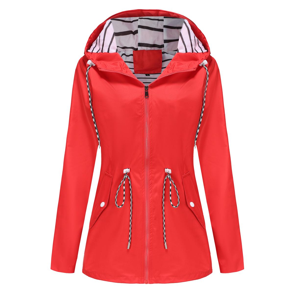 Damen-Windjacke mit Kapuze, Streifen-Kordelzug, wasserabweisende Windjacke, lange Ärmel, übergroßer, lockerer Regenmantel, mittellanger Reißverschluss, winddichte Jacken M rot