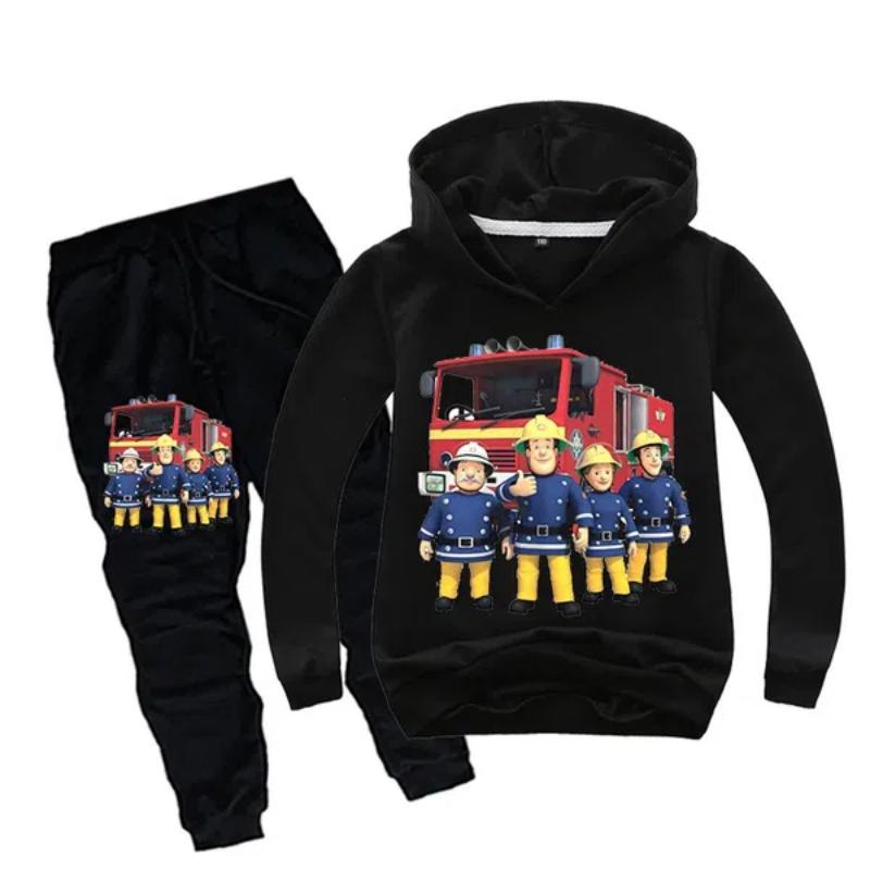 Neues Kleiderset Ein Rettungsteam Feuerwehrmann Sam Kinder Trainingsanzug Kinderbekleidung Anzug Jungen und Mädchen Kapuzenpullover + Hose 120CM schwarz