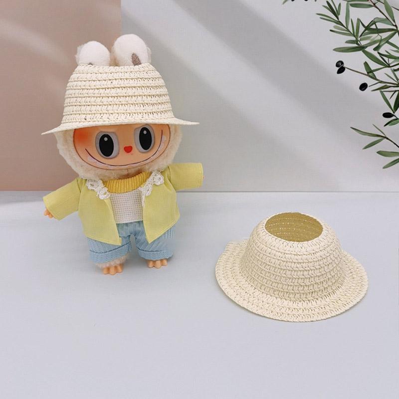 Labubu hohler Oberteil offener Strohhut Strickmütze Partykleid Accessoires rustikaler Stil Labubu Babykleidung Dekoration mit RX091 beige