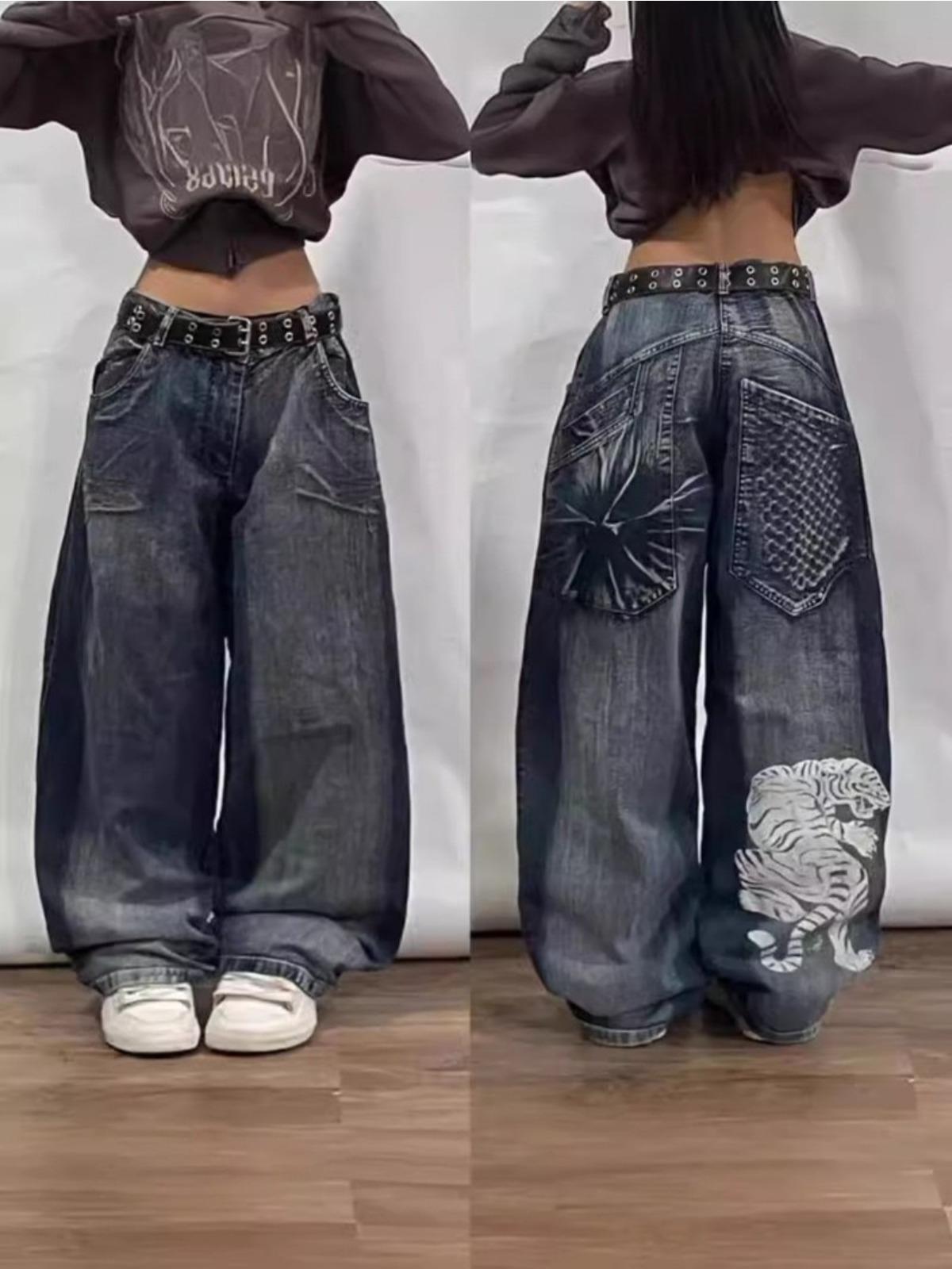 ZYLLO Y2K Amerikanisch Neu Retro Street Hip-Hop Locker Jeans Damen Harajuku Hohe Taille Weites Bein Hose Gothic Weite Hose Street Hose S