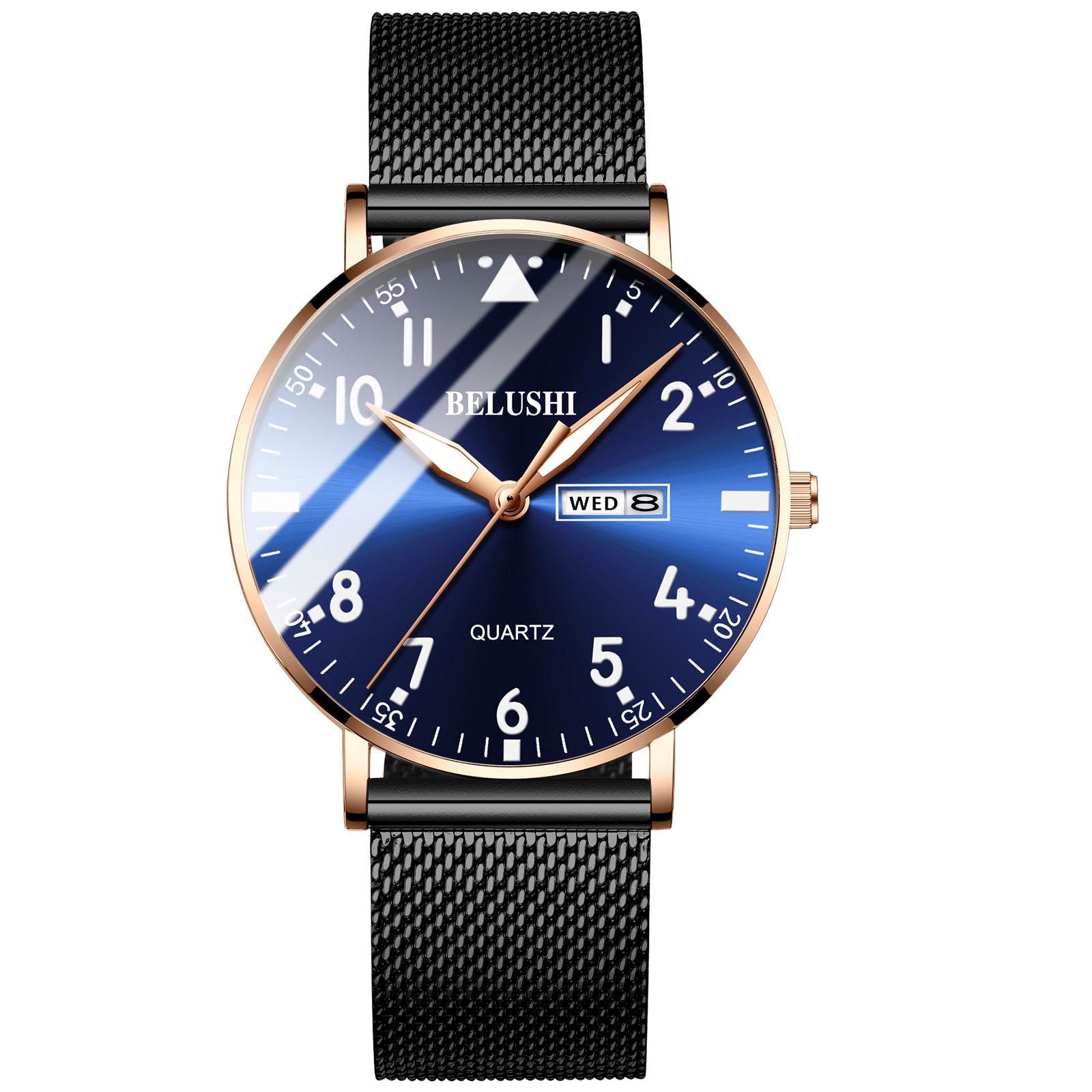 Neue Mode Ultra-dünne Herren Luxus Marke Casual Edelstahl Mesh-Armband Business Männer Armbanduhr hellrosa/blau
