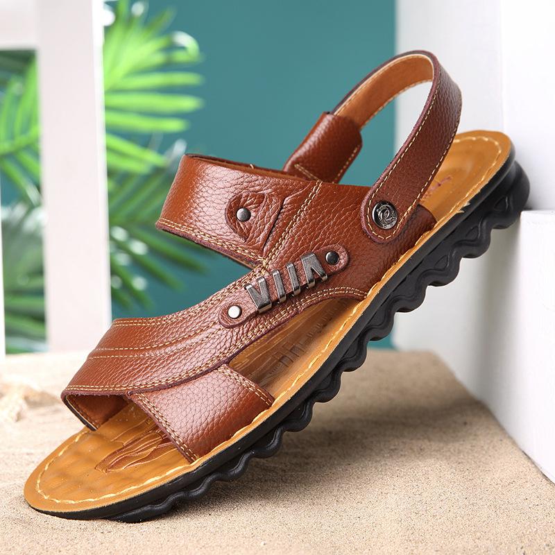 Sandalen Herren 39 Strandschuhe Kuhqualität Echtes Leder Rutschfeste Herren Hausschuhe Atmungsaktiv Zwei Verwendungszwecke Herren Sandalen Männliche Hausschuhe 42 braun