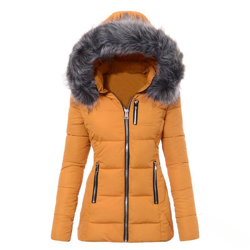 Damen Parka Jacke Baumwollmantel Winter Dick Kragen mit Pelz Kapuze Winddicht Gefüttert Jacken Oberbekleidung Reißverschluss Übermantel M gelb