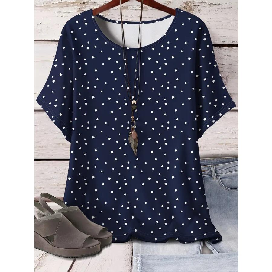 T-Shirt mit Rundhalsausschnitt und kurzen Ärmeln und Herz-Print in Übergröße – weicher Polyesterstoff mit mittlerem Stretch, lässige Damenkleidung mit Allover-Print für alle Jahreszeiten 7XL blau