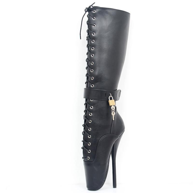 18cm/7 Extreme High Heel Abschließbare Ballettstiefel JIALUOWEI Frauen Kreuzgebundener Fetisch Sexy Pinup Spike Heels Kniehohe Stiefel 46 matte schwarze