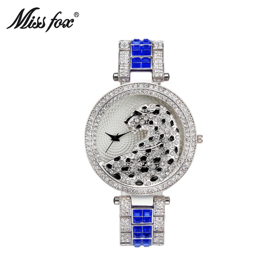 MISSFOX Damen Quarz Uhr Mode Bling Lässige Damenuhr Weibliche Quarz Gold Uhr Kristall Diamant Leopard Für Frauen Uhr silber/blau