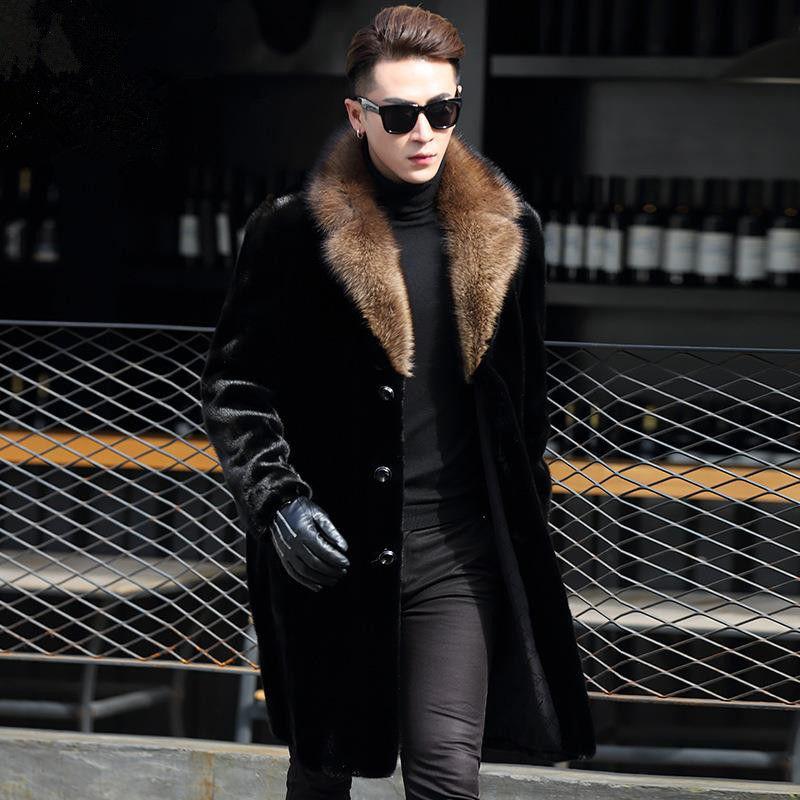 Winter männer Warme Hübsche Mode Mantel Nerz Pelzmantel Anzug Kragen Pelz Mid-länge Jacke Lose einreiher jacke Parka Mantel XXXXL