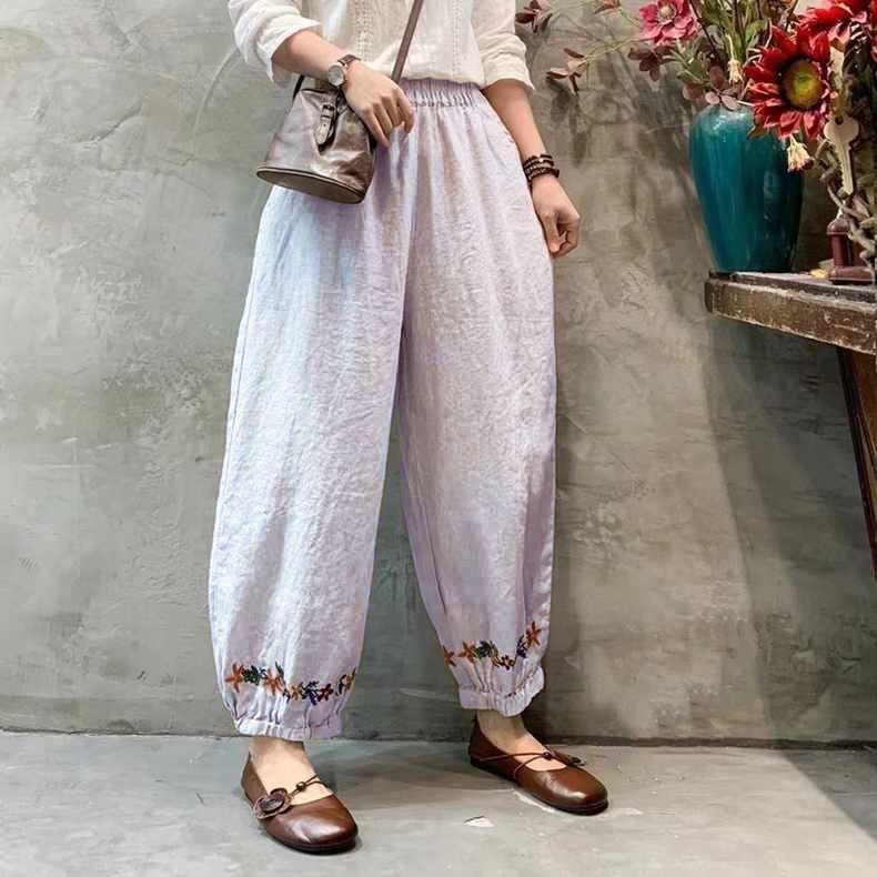 Sommer Damen Retro Übergröße Cropped Pants Haren Pants Einfarbig Damen Baumwolle und Leinen Casual Pants 4XL graue