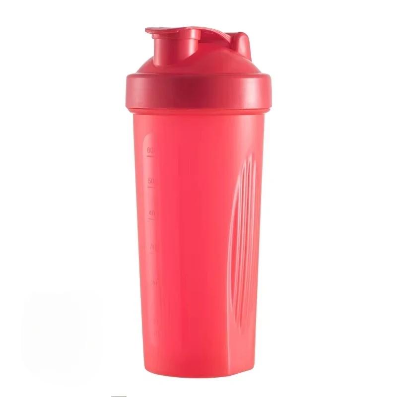 Tragbare Proteinpulver-Shaker-Flasche, 600 ml, auslaufsichere Wasserflasche für Fitnessstudio, Fitnesstraining, Sport-Shaker-Mixbecher mit Skala rot