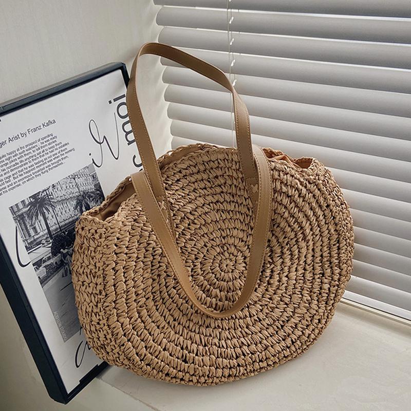 Yogodlns Sommer Runde Stroh Tasche Für Frauen Urlaub Gewebte Strand Tasche Große Kapazität Schulter Tasche Einfache Shopping Handtasche Tote sac 40*42cm