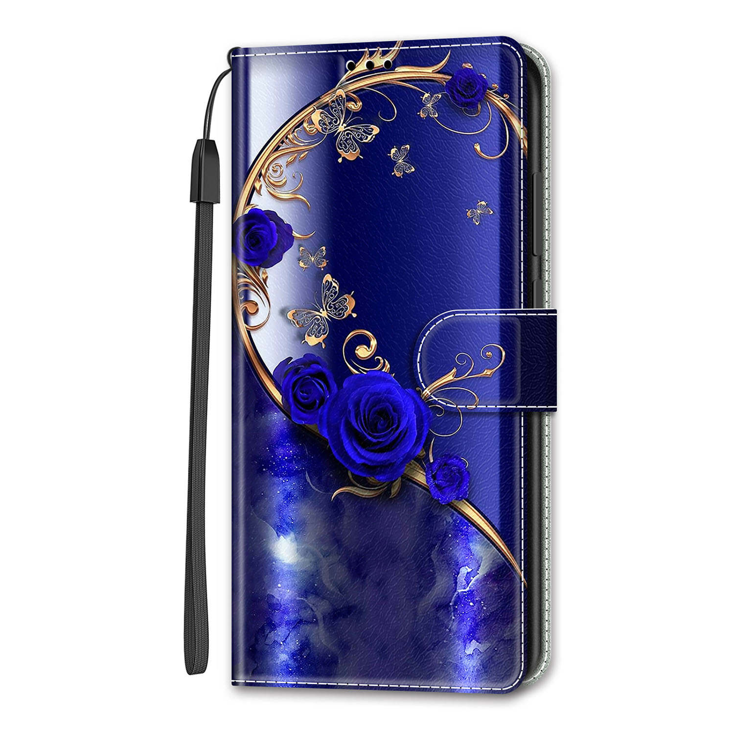 Blaue Rose Goldener Schmetterling PU Leder Brieftasche Flip Fotorahmen Buchhülle für iPhone Samsung Huawei Honor Xiaomi Redmi Oppo Sony Motorola Nokia Google Sony Xperia 5 IV blau