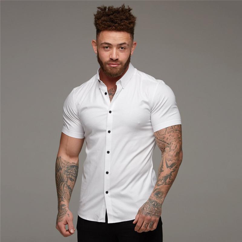 Herrenmode-Hemd, Sommer, klassisch, schmale Passform, Knopfleiste, kurzärmelig, für Herren, lässig, Business, männlich, Hipster, soziales Hemd L weiß