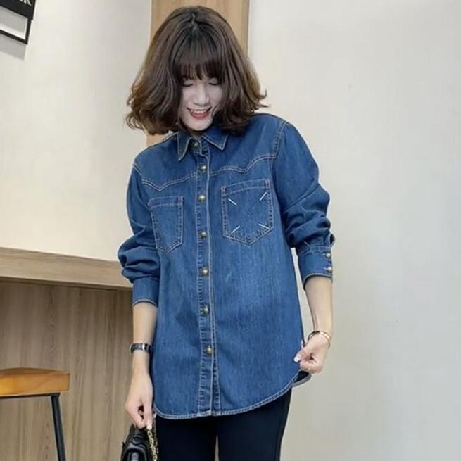 Neu Frauen Bluse Herbst Casual Denim Blau Vintage Oberbekleidung Langarm Lose Taste Bluse One Size blau