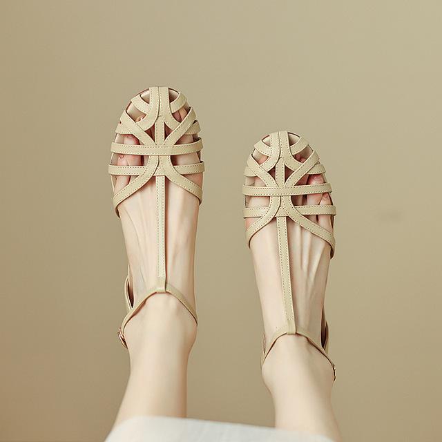 Retro Damen Sandalen Römischer Literaturstil Hohle Damenschuhe Sommer Einfarbig Dicke Absätze Flache Damenschuhe 38 apricot
