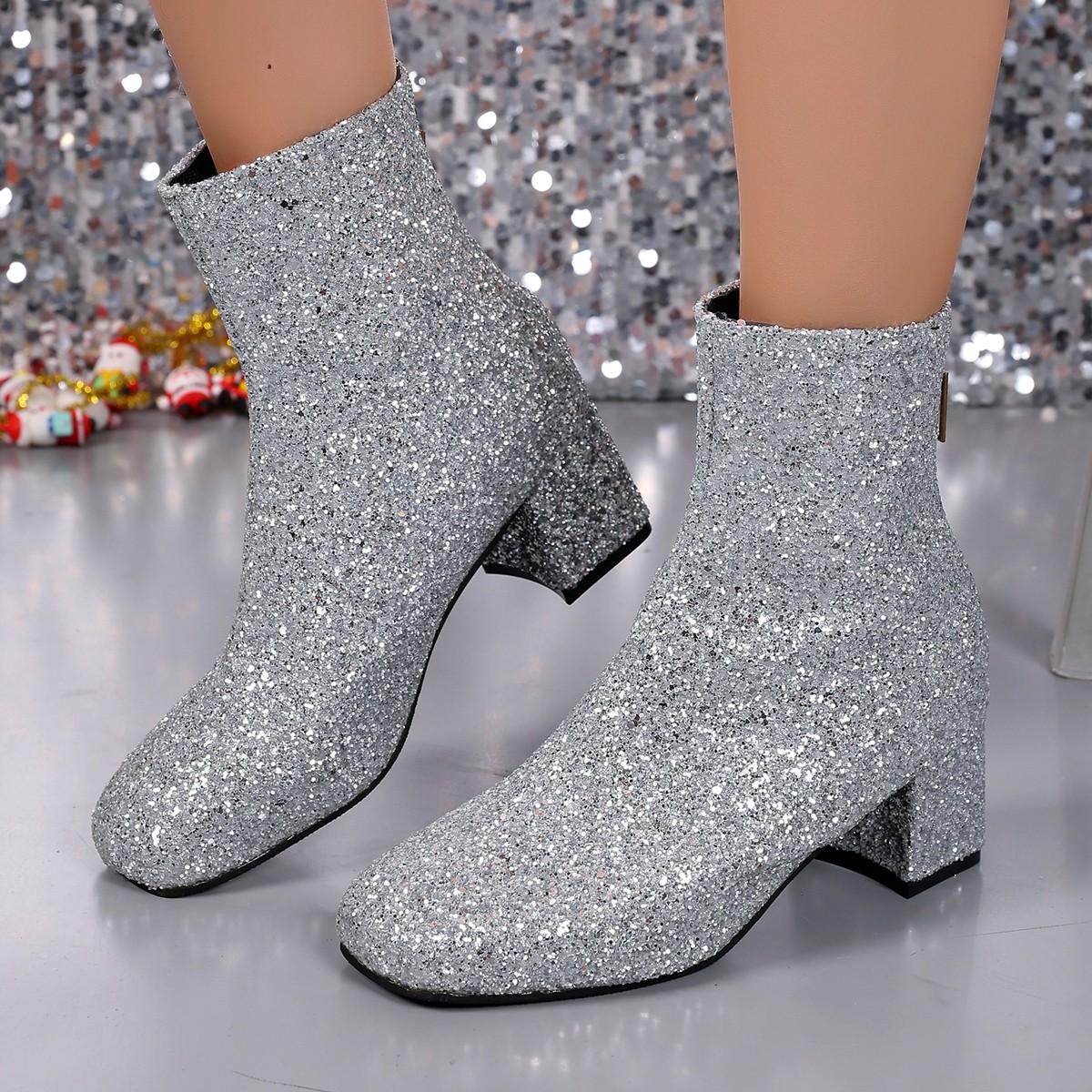 Mode Damen Botas De Mujer 2025 Neue Mode Pailletten Runde Zehe Stiefeletten Damen Stiefel Damen Herbst Winter Party Klobige Absätze Schuhe 41 silber