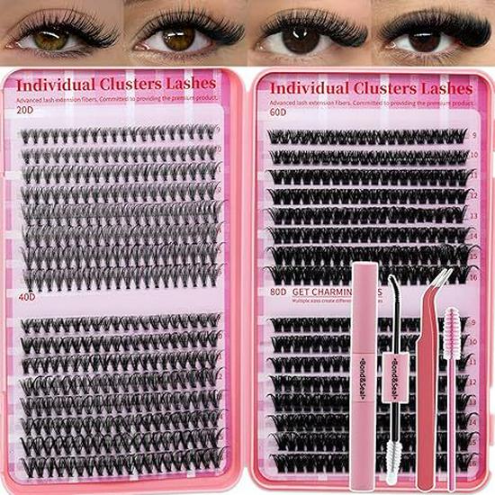 640 Cluster Einzelne Falsche Wimpern - DIY Segmente mit Buchkleber-Typ diy jms 011 [20d+40d+60d+80d] + rosa setfarbe