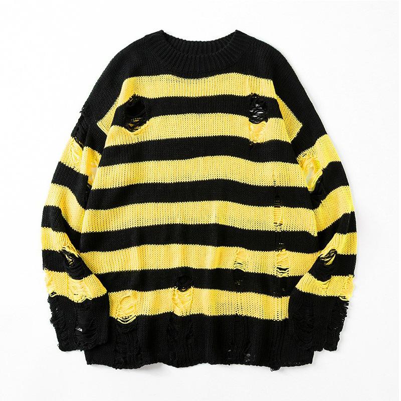 Schwarz Streifen Pullover Zerstört Zerrissene Pullover Männer Pullover Loch Stricken Pullover Männer Übergroßen Sweatshirt Harajuku Langarm Tops M gelb