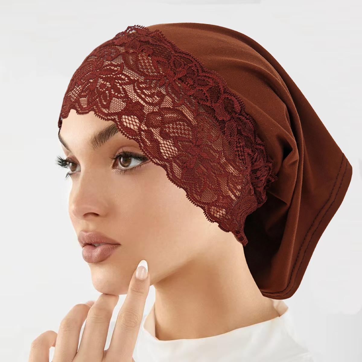 Hijab Unterkappe mit Spitze Muslimischer Turban Islamische Unterkappe Hijab Mütze Weich Dehnbar HIjabs Schlauchmütze Turbante kaffeebraun