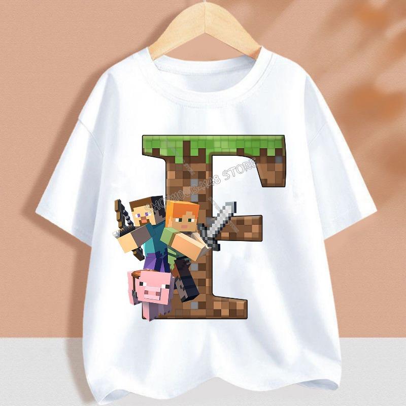 Heißes Pixel-Spiel T-Shirt Kinder A-Z Buchstabe Weiße Kleidung Cartoon Rundhals Kleidung Neu Kinder Kurzarm Sommer T-Shirt Top Geschenk 140