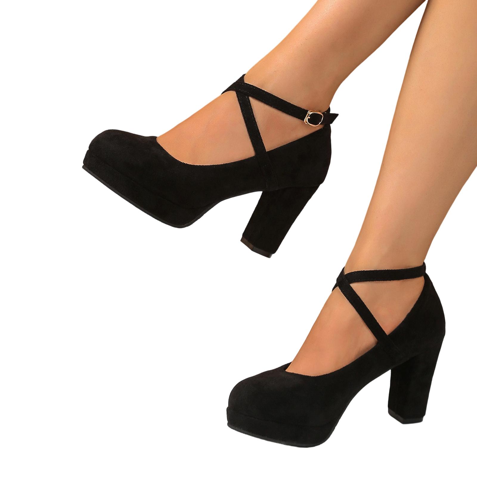 Damen-High Heels mit Riemchen, spitze High Heels, modische High Heels, mittelhohe Absätze, Blockabsätze 39 schwarz