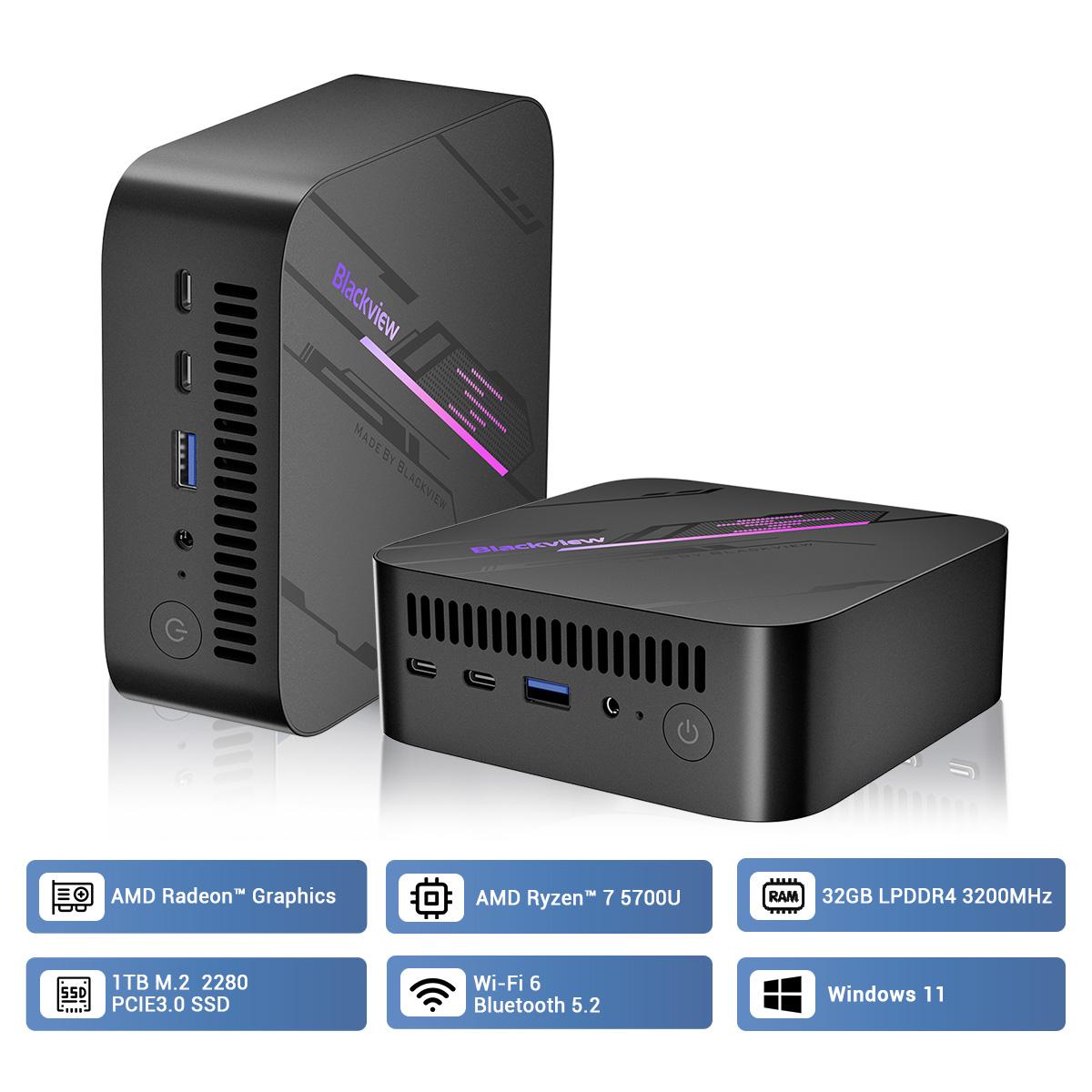 Blackview MP100 Mini-PC AMD R7 5700U 8-Core 16-Thread-Mini-PC 16 GB/32 GB DDR4 512 GB/1 TB SSD Mini-Computer-PC 32GB+1TB schwarz