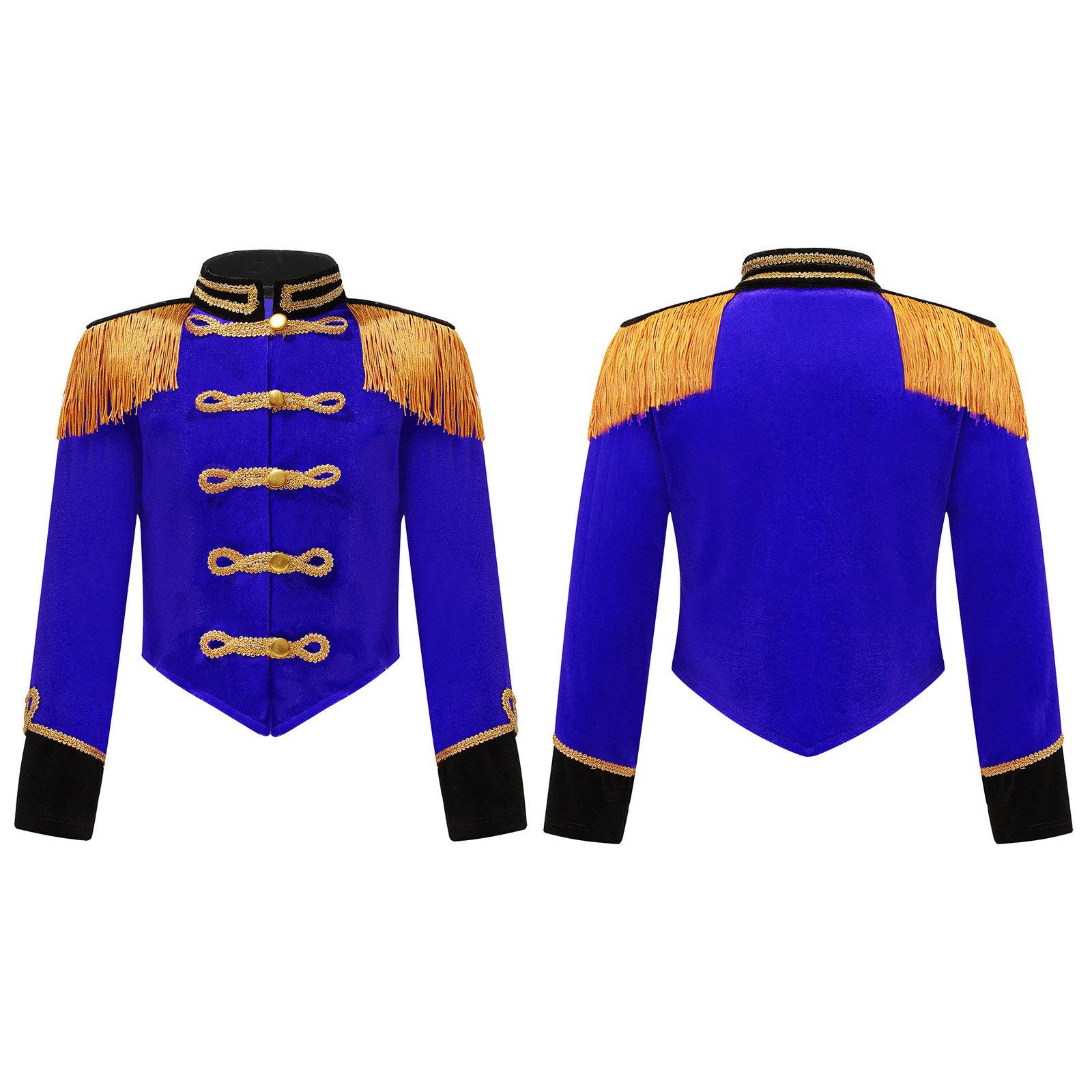 Kinder Jungen Mädchen Zirkus Ringmaster Quaste Frack Marching Band Uniform Tambourmajor Team Uniform 7-8 Years blau