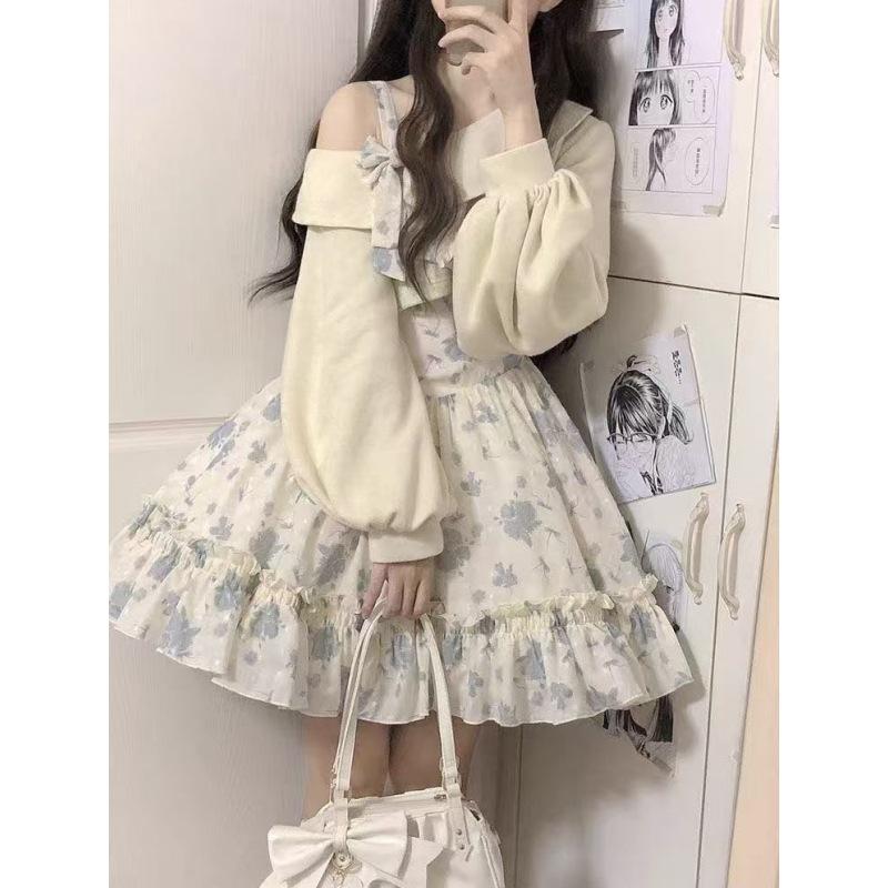 Süßes Lolita-Stil 2-teiliges Kleider-Set Damen Rosa Schleife Strickmantel Kawaii Blumen-Minikleid Damen Strandparty-Anzug XL blau