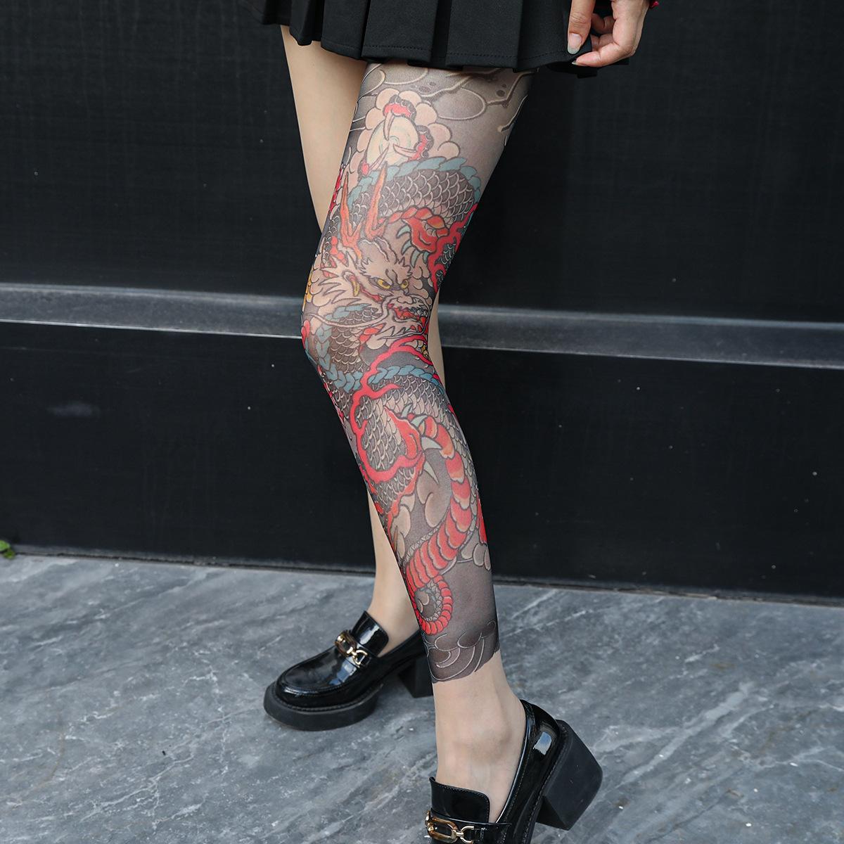 Gotischer Stil Ausgefallene Damen Einseitig Tattoo-Bedruckte Durchsichtige Enge Tattoo-Socken Ein Ganzbein-Tattoo-Bedruckte Strumpfhosen Floral Drachen Schädel One Size gray